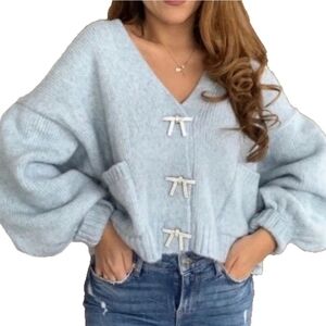 Zara Bow Button Balloon Sleeve Cardigan